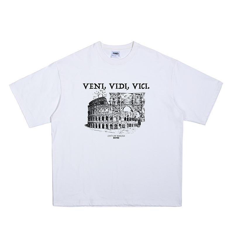 American Heavy Roman Print Pure Cotton Loose Round Neck Short Sleeve T-shirt Fashion Brand Men's Half Sleeve Top