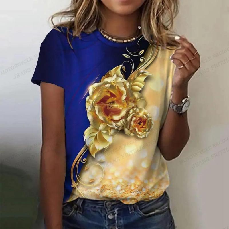 

Модная женская футболка с 3D-принтом розы, летний топ с круглым вырезом и коротким рукавом, повседневная одежда для девушек, свободного кроя, оверсайз 100