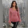 2026 Women Sparkly Peplum Blouse V Neck Ruffle Flare Long Sleeve Elegant Party Casual Solid Color Top