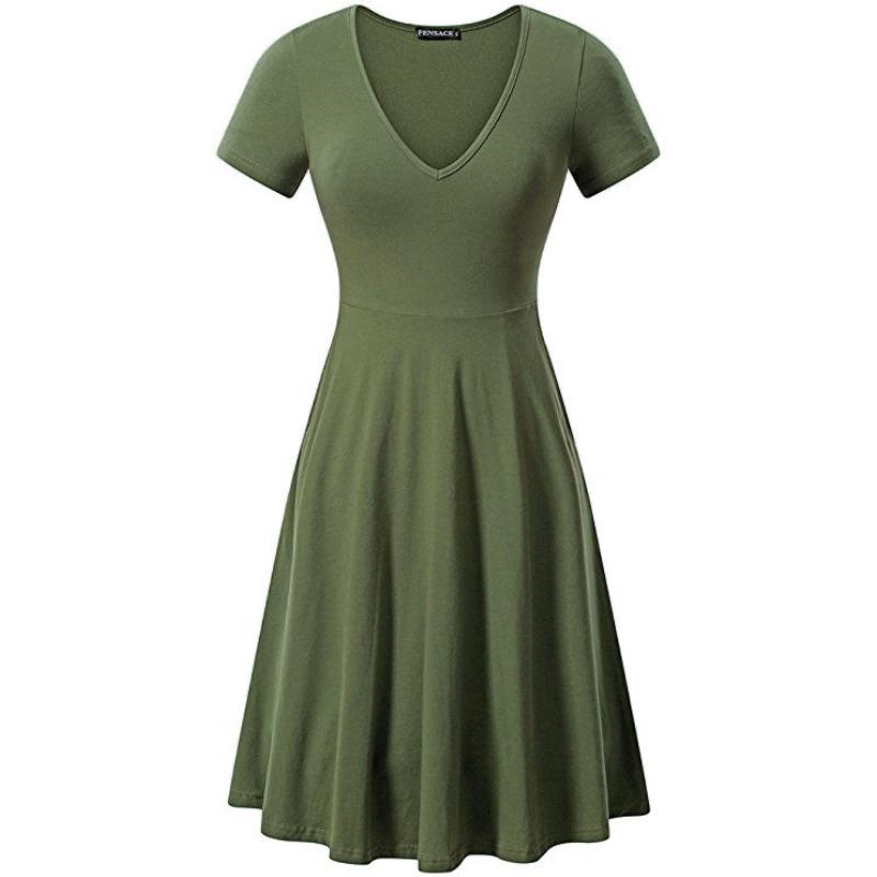 Spring and Summer Large Size Solid Color V-neck Short-sleeved Simple Loose Dress
