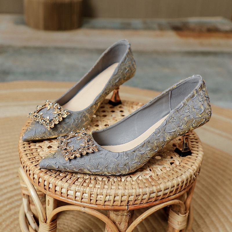 2025 new women's shoes fashion pointed high heels thin heel temperament satin rhinestone square buckle light mouth French single shoes