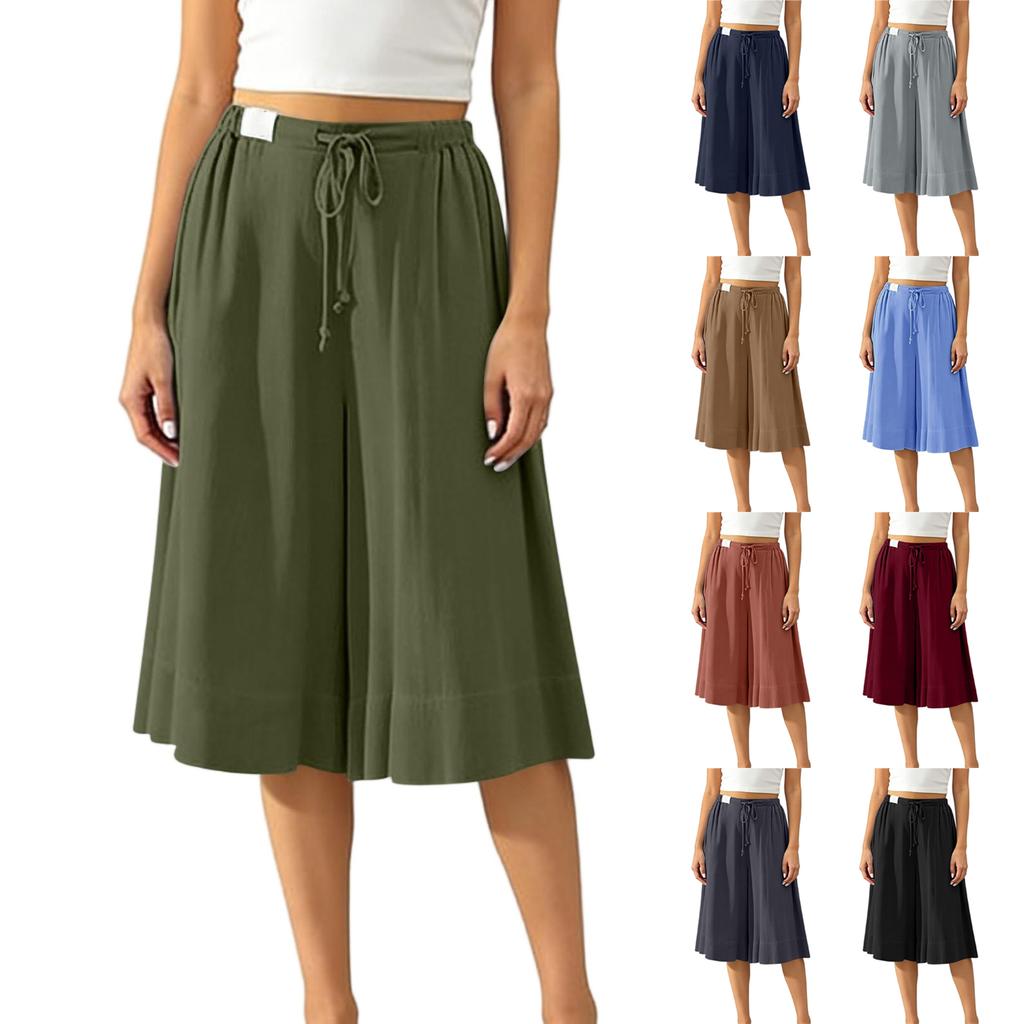 Women’s Wide Leg Culottes Drawstring Waist Loose Fit Pleated Midi Skirt Pants Soft Lightweight Fabric