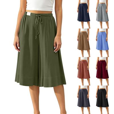 Dames wijde pijp culotte met hoge taille, trekkoord, plooien, losse pasvorm, midi rokbroek met elastische tailleband