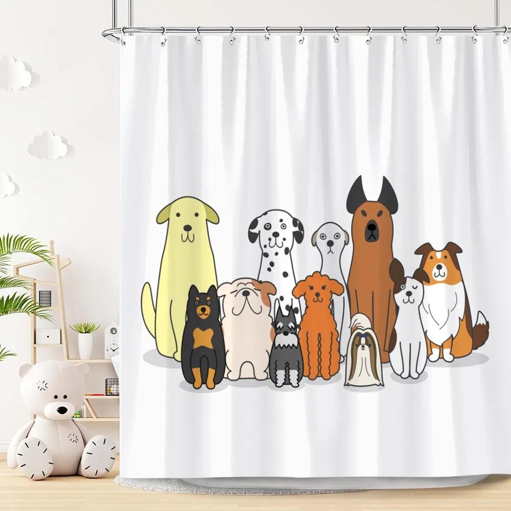 Lustiger Katze und Hund Duschvorhang Kinder Cartoon Niedliche Haustiere Badewanne Regenduschvorhänge Polyester Badezimmerdeko mit Haken