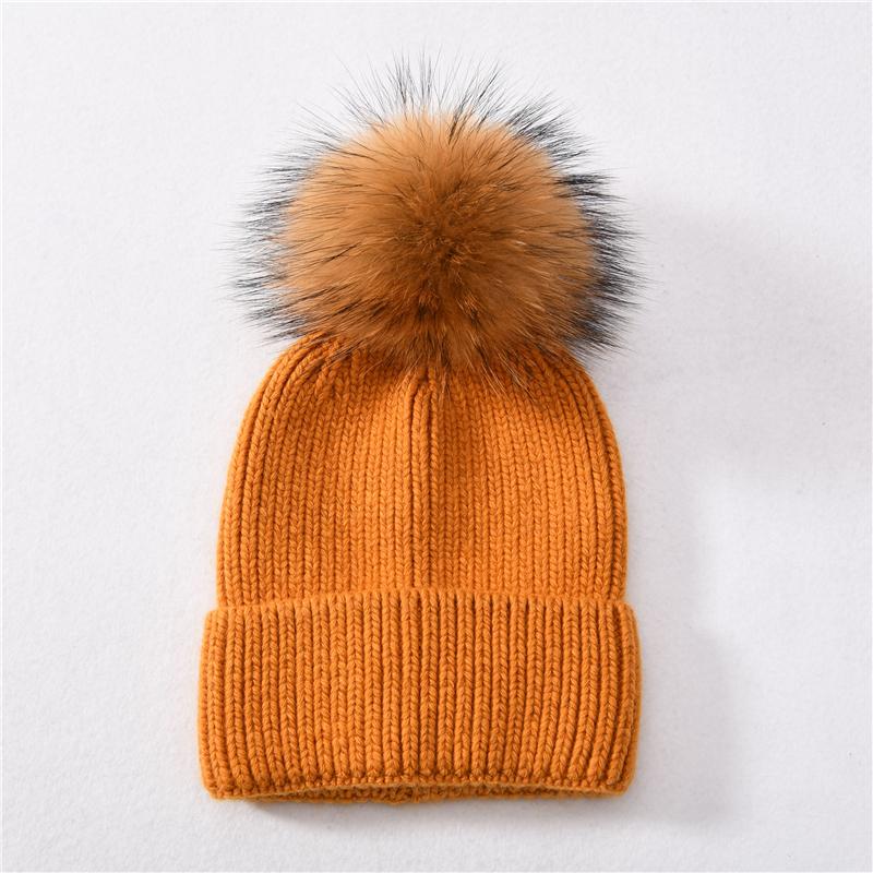 Jaxmonoy Kaschmir-Strickmütze, große Beanie-Mütze mit echtem Waschbärfell und Bommel, hochwertige, warme Mütze, Damenmütze