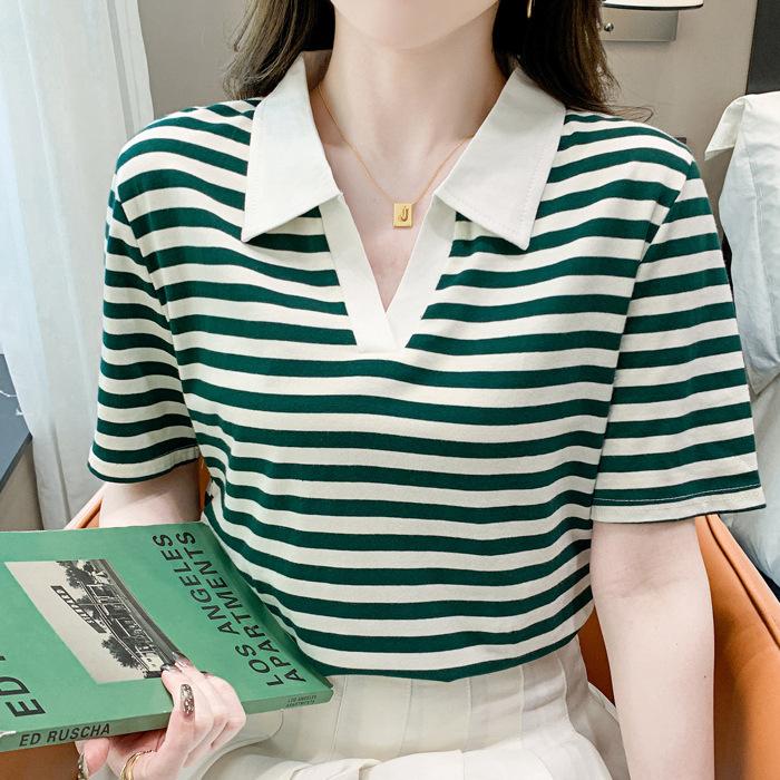 

Хлопковая футболка-поло в полоску с коротким рукавом, женская весенне-летняя новинка, свободный повседневный топ с отложным воротником, вязаный свитер из ледяного шелка M зелёный