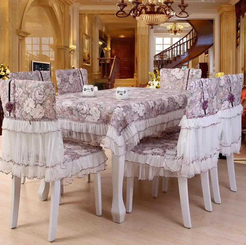 Europäische bestickte Tischdecken, moderne, schlichte, rosa, rechteckige Tischdecke aus Spitze, Stuhlhussen für Esszimmer, schmutzabweisendes Kissen