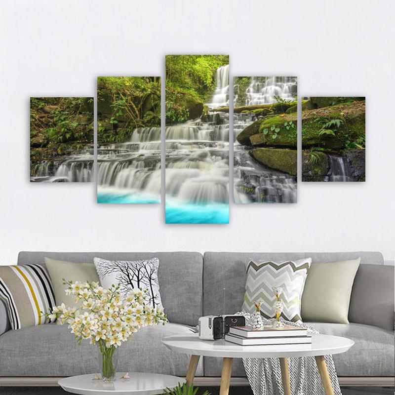 5 Panels Landscape Waterfall Posters and Prints Canvas Painting Wall Art Pictures Living Room Home Decor Lake Tree No Frame