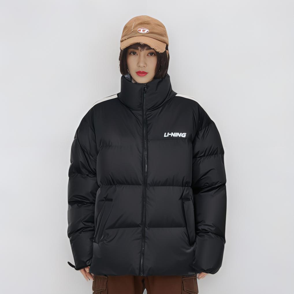 Li Ning Casual Sports Stand Collar Letter Print Striped Long Sleeve Down Jacket Unisex Outerwear Black YYMU161-1