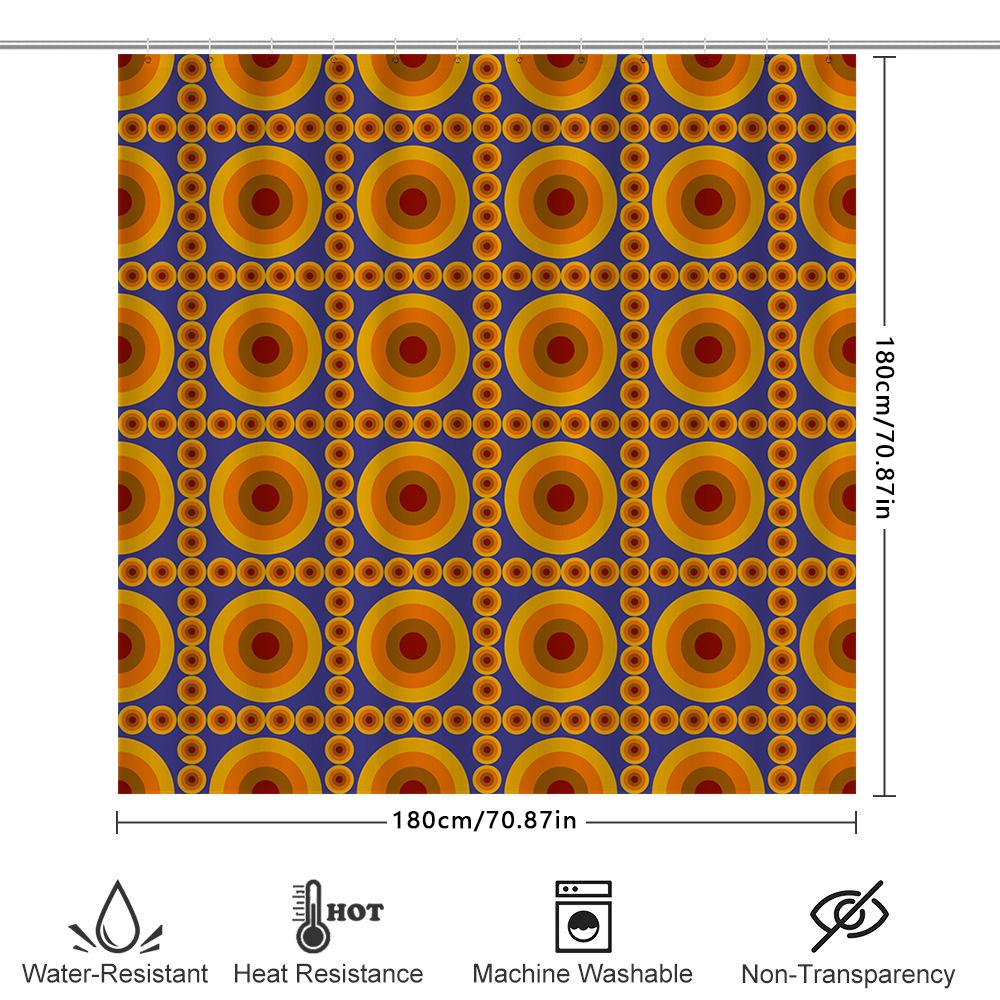 Circular Pattern Shower Curtain Vibrant Orange, Red Yellow Geometric Print On Blue Fabric For Bathroom Decorations