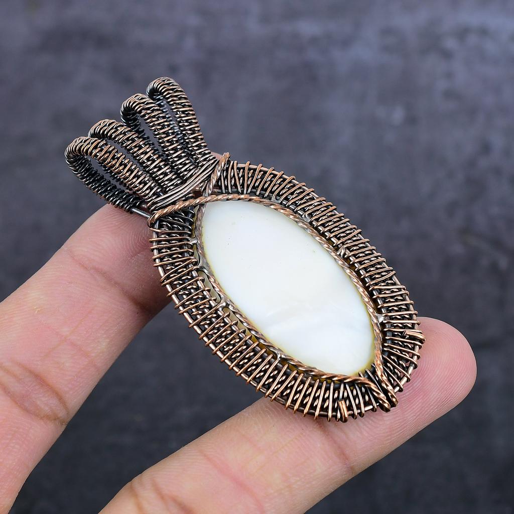 Natural Mother Of Pearl Gemstone Copper Wire Wrap Jewelry Pendant 2.68" J2U67