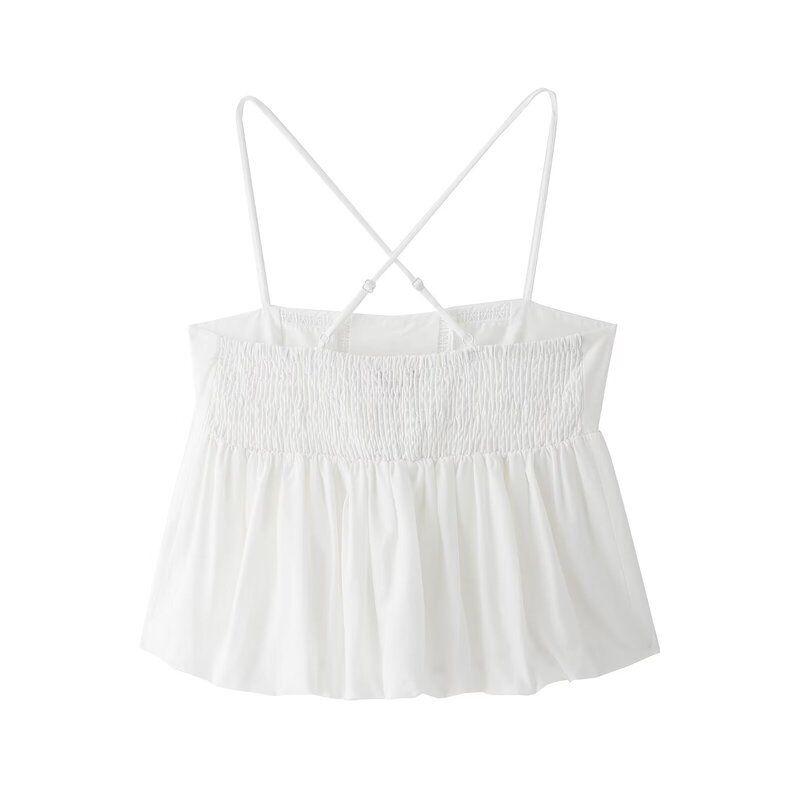 Fashion Style 2024 Summer New Arrival Women's Vertical Lace Decorated Poplin White Suspender Tops 1165167