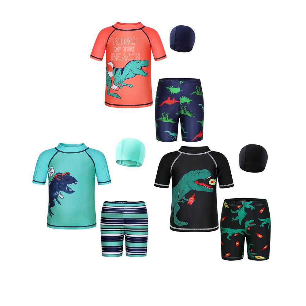 European & American Boys' Dinosaur Print Quick-Dry Sun Protection Swimsuit Set (Swim Shorts + Two Tops)