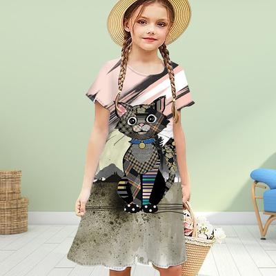 Dievčenské 3D potlač ružové mačacie šaty Detské dievčenské párty princeznovské šaty s krátkym rukávom 3D potlač