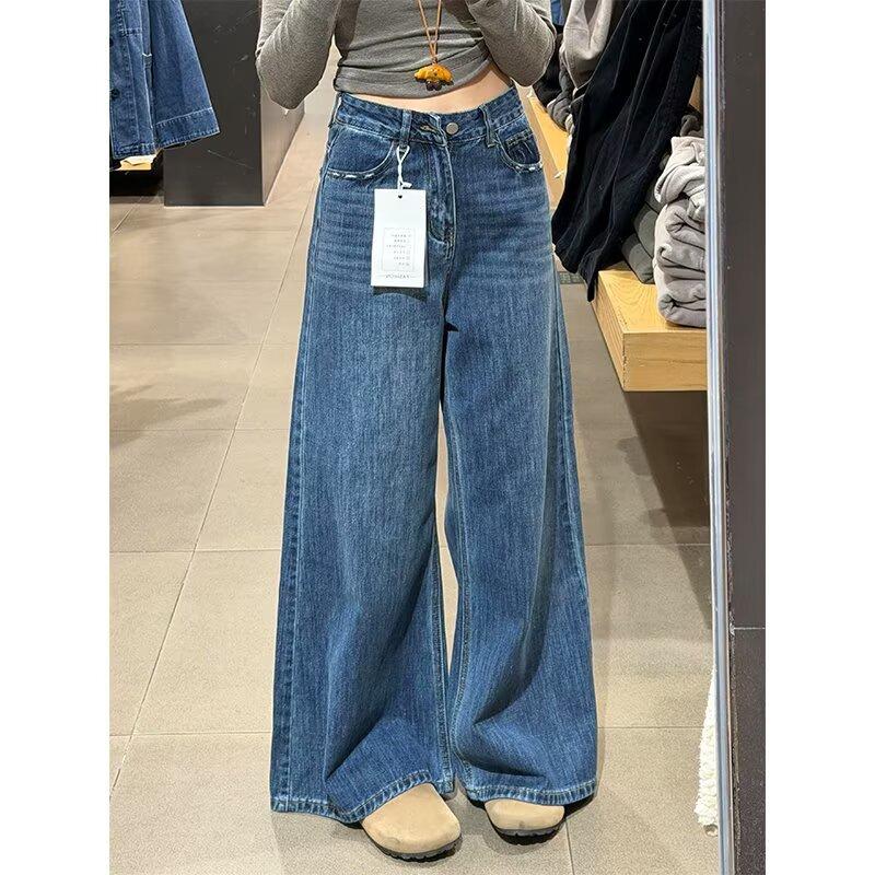 American retro blue jeans women's autumn and winter new large size high waist loose and thin wide leg straight pants