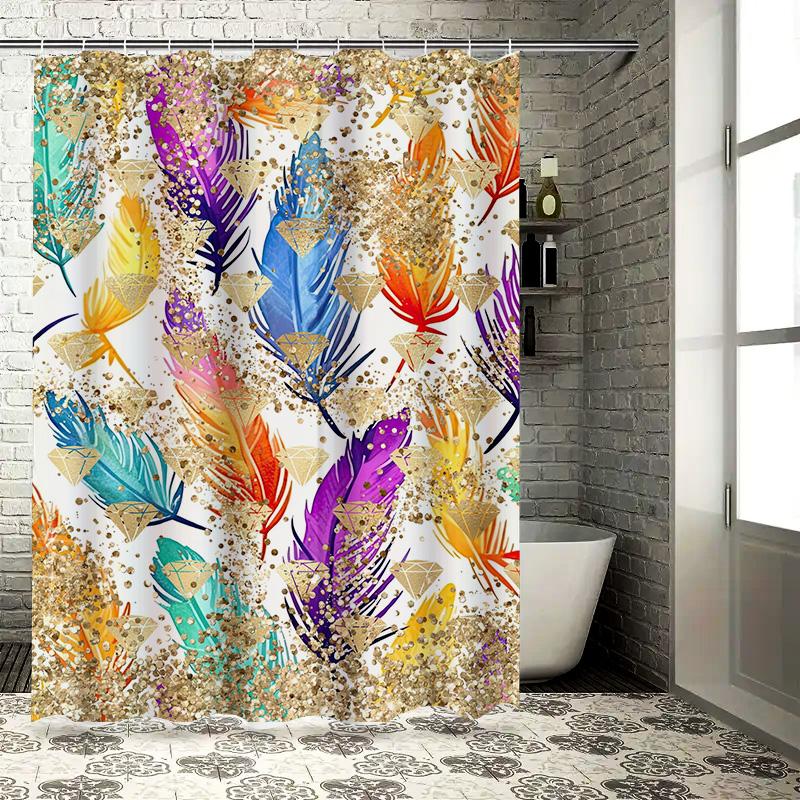 Vibrant Feather Shower Curtain Glitter Gold Decorative Bath Room Fabric Print Waterproof Washable 3D Printed Bathroom Shower Cur