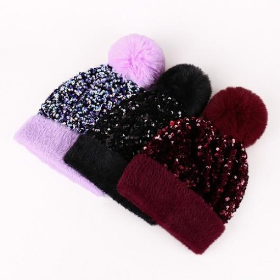 Women Warm Faux Fur Beanie Bobble Pom Pom Hat Sequin Cute Ski Snow Winter Hat