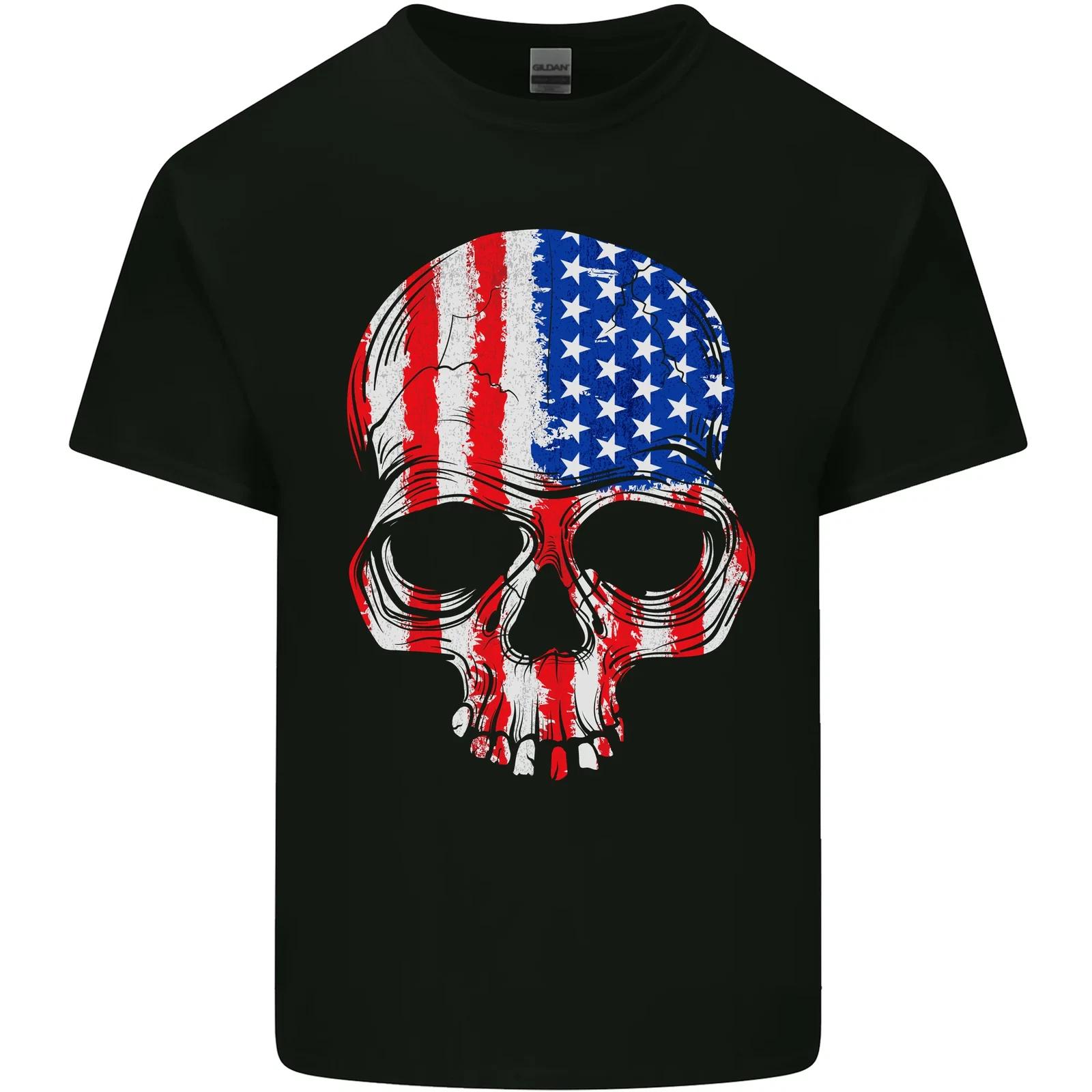 USA Skull America Stars and Stripes Flag Biker Kids T-Shirt Childrens M