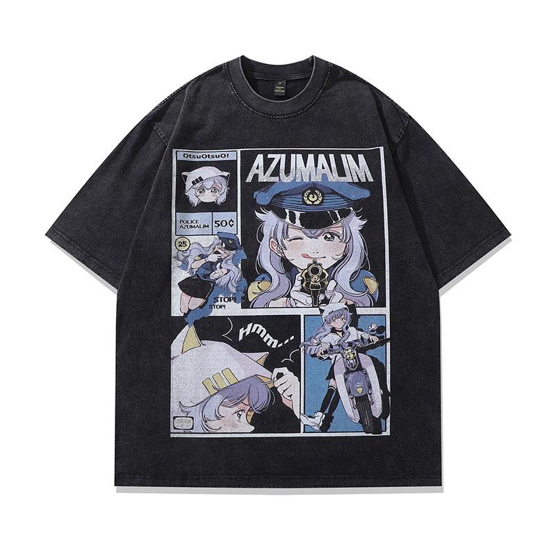 T-shirt a maniche corte lavata effetto invecchiato, stampa a iniezione diretta, ritratto spoof retrò americano, taglia oversize da uomo e da donna, manica a metà