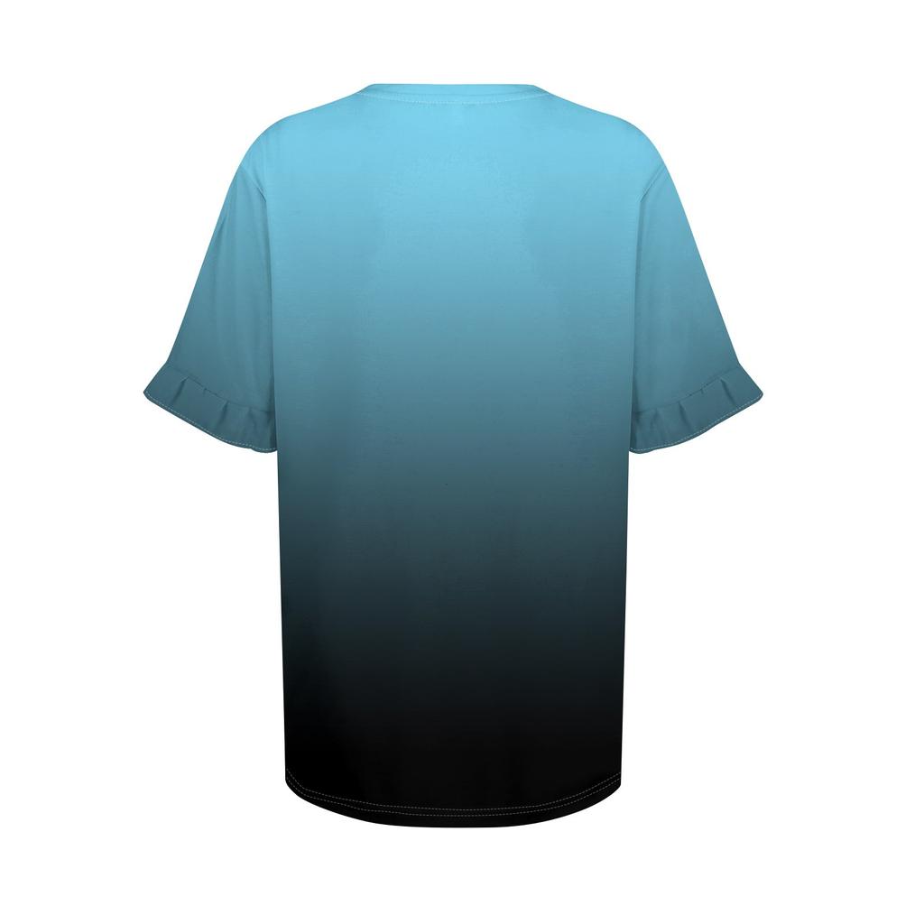 Ladies Summer Print Short Sleeve Ruffle Round Neck T-Shirt