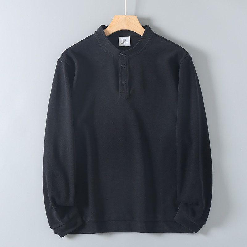 Export Cut Label Cattle Goods Three Buttons Long Sleeves Men T-Shirt Tail Single Spring and Autumn round Neck Combed Cotton Bottoming Shirt Tide Black 2XL