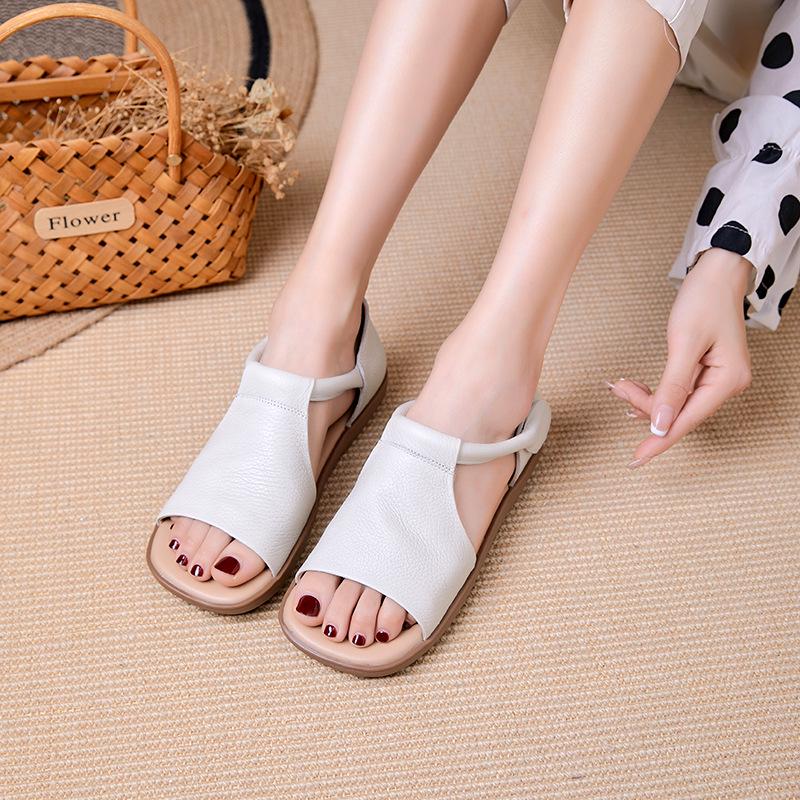 Sandale Plate de Damă Retro Handmade din Piele de Vacă - Confortabile cu Velcro și Vârf Deschis pentru Vară