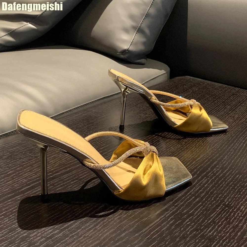 Fashion Purple Satin Rhinestone One-Strap Sandals for Women 2025 Summer New Bow Open-Toe Thin High-Heeled Slippers Casual Fashion Slides