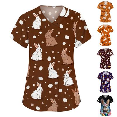 Women's Fashion V-neck Short Sleeve Workwear With Pockets Printed Tops