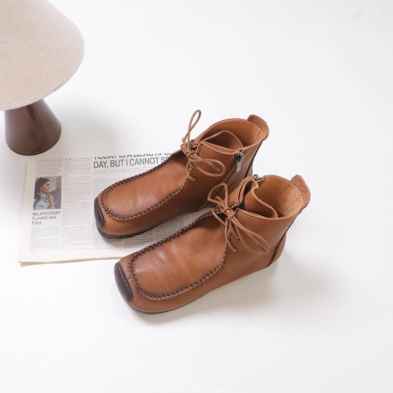 

Johnature Retro Handmade Stitched Lace Up Genuine Leather Short Boots Square Toe Soft Sole Comfort Ankle Boots 40 кофейный