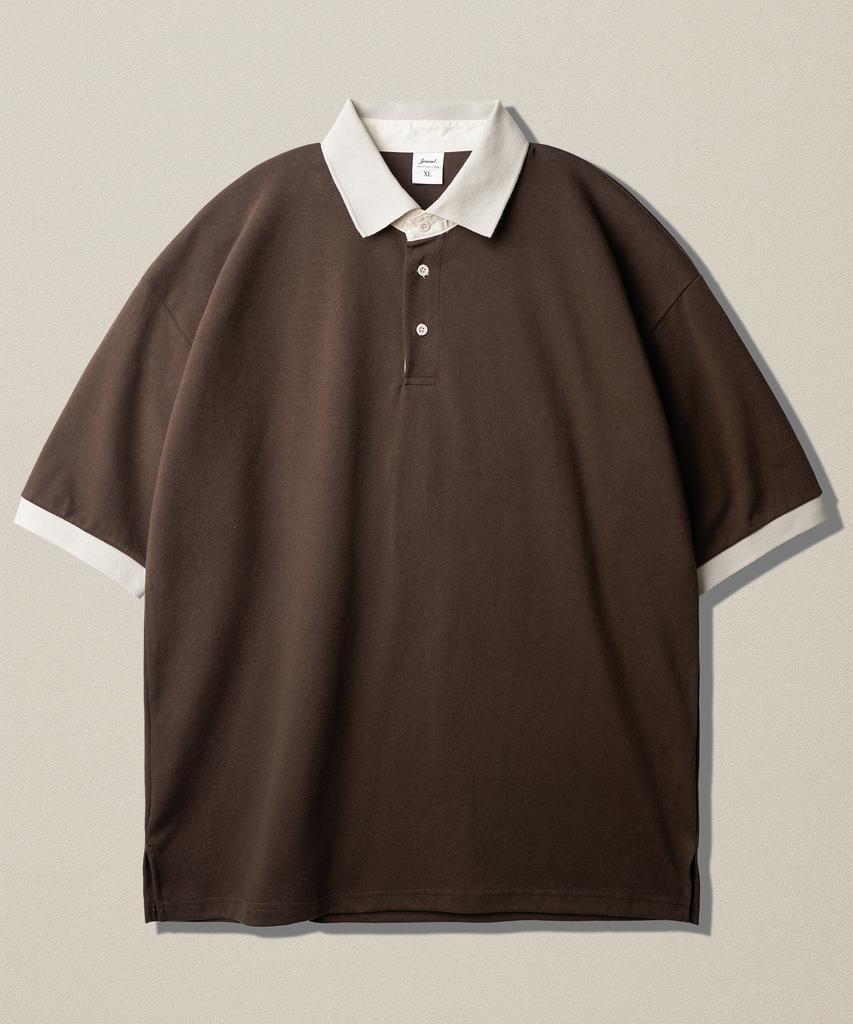 JEMUT Chess Ringer Collared Short Sleeve T-Shirt Brown Kjst2616
