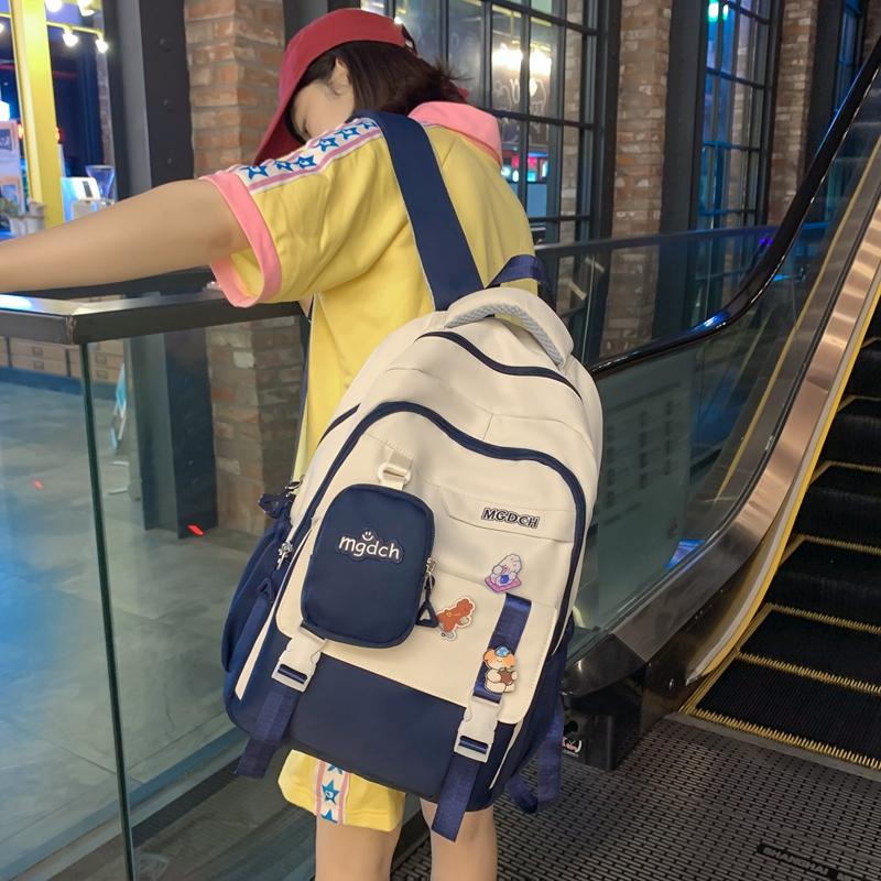 Female Color Block Backpack Student Campus Schoolbag Male Large Capacity Backpack with Coin Purse