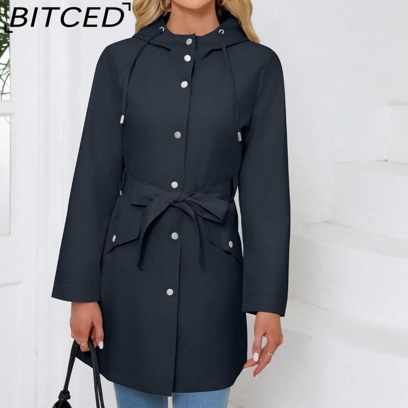 BITCED Women's Spring/Autumn Hooded Water-Resistant Jacket with Belted Waist Lightweight Casual Oversized Trench Coat