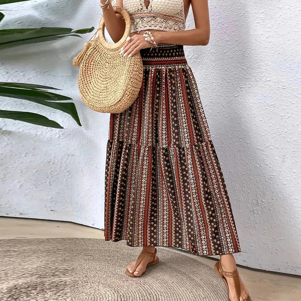 Women's Smocked Floral Maxi Skirts Summer Tube Dresses  Long A Line Pleated Beach Skirt