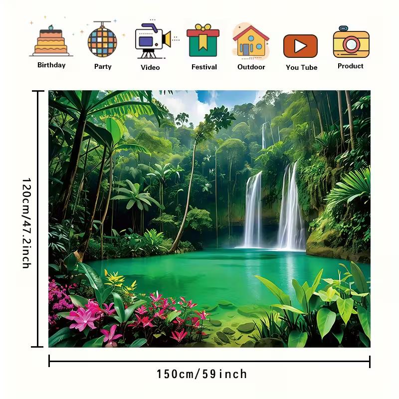 2D Turquoise Pool Waterfall Tapestry Lush Rainforest Photography Background