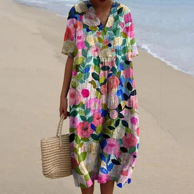 Short Sleeve V-Neck Dress Summer A-Line Casual Dress Bohemian Style Pullovers Dress for Party Daily Wear Vacation