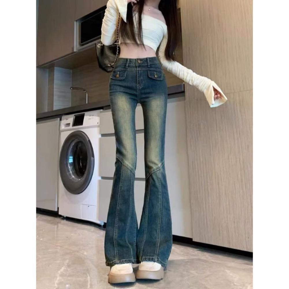 American street retro high-end Spice Girl micro-pull jeans spring and autumn new thin micro-pull jeans