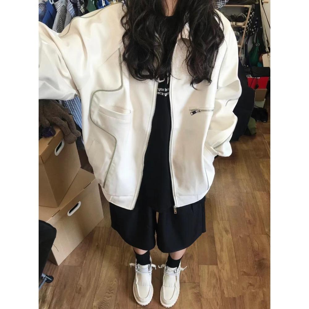 

American retro high street contour locomotive leather jacket men s and women s spring new PU leather couple baseball jacket tide M