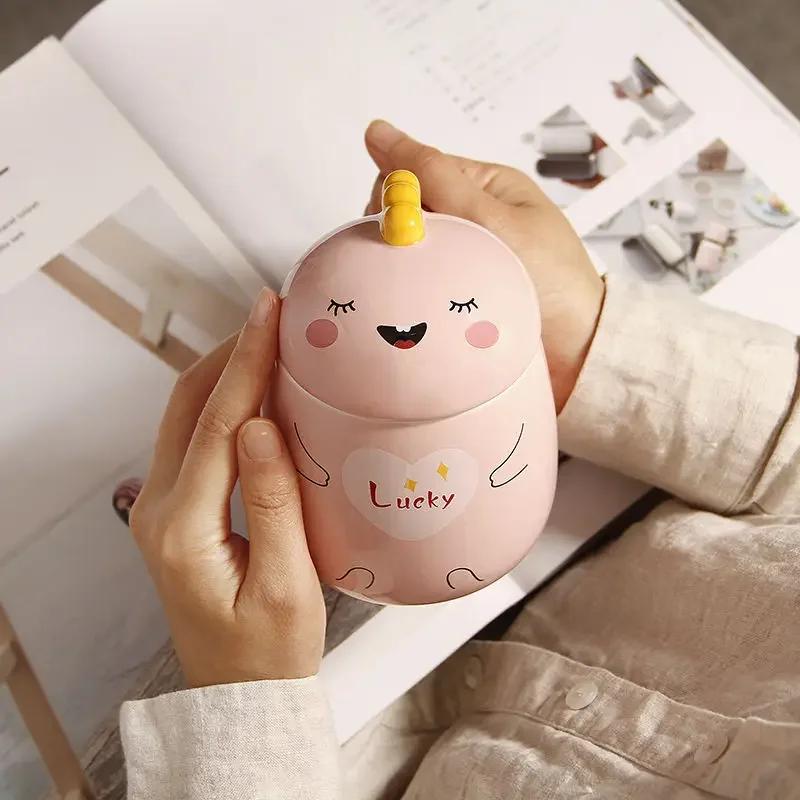 450ml Cute Tiger Dinosaur Ceramics Coffee Mug with Spoon Creative Hand Painted Drinkware Milk Tea Cups Novelty Gifts