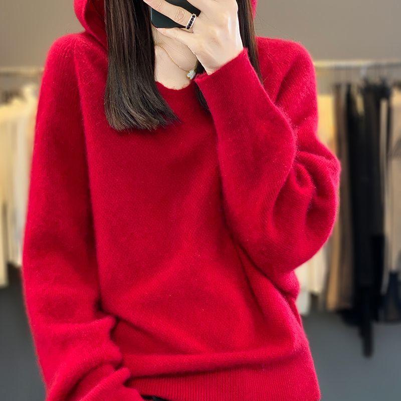 Autumn and Winter Knitted Sweaters Hoodies Women's Hooded Knitted Sweaters Loose and Warm V-neck Pullovers for Women