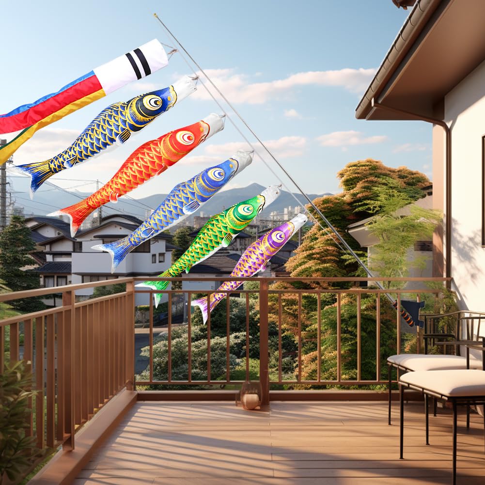 Karpfenbanner, Karpfenbanner, Blattgold, Mini-Karpfenbanner für Balkon, 5 Karpfen, Eigentumswohnung, 2m ausziehbarer Ständer enthalten, Banner 1,3m [Spezial