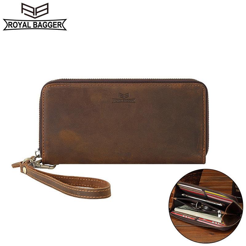 

Длинный кошелек Royal Bagger с RFID-блоком для мужчин, ретро из натуральной коровьей кожи, мужской держатель для карт, кошелек на молнии, клатч 1396