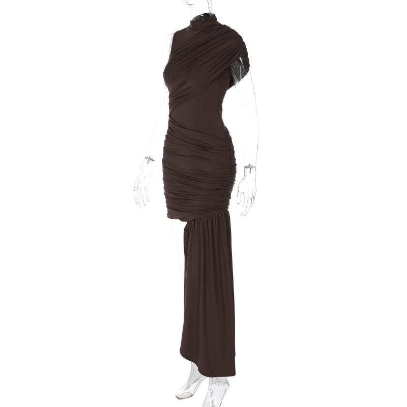 Summer European and American Round Neck Sleeveless Dress with Sloping Shoulders, Pleats, and Irregular Hips