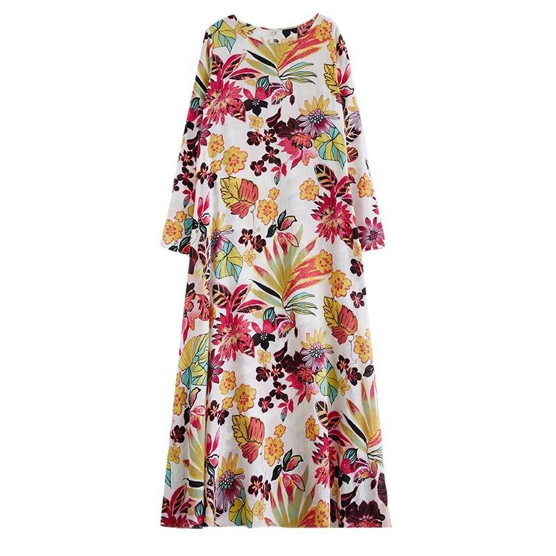 Real spring new literary large size loose printing round neck long sleeve dress women's long dress