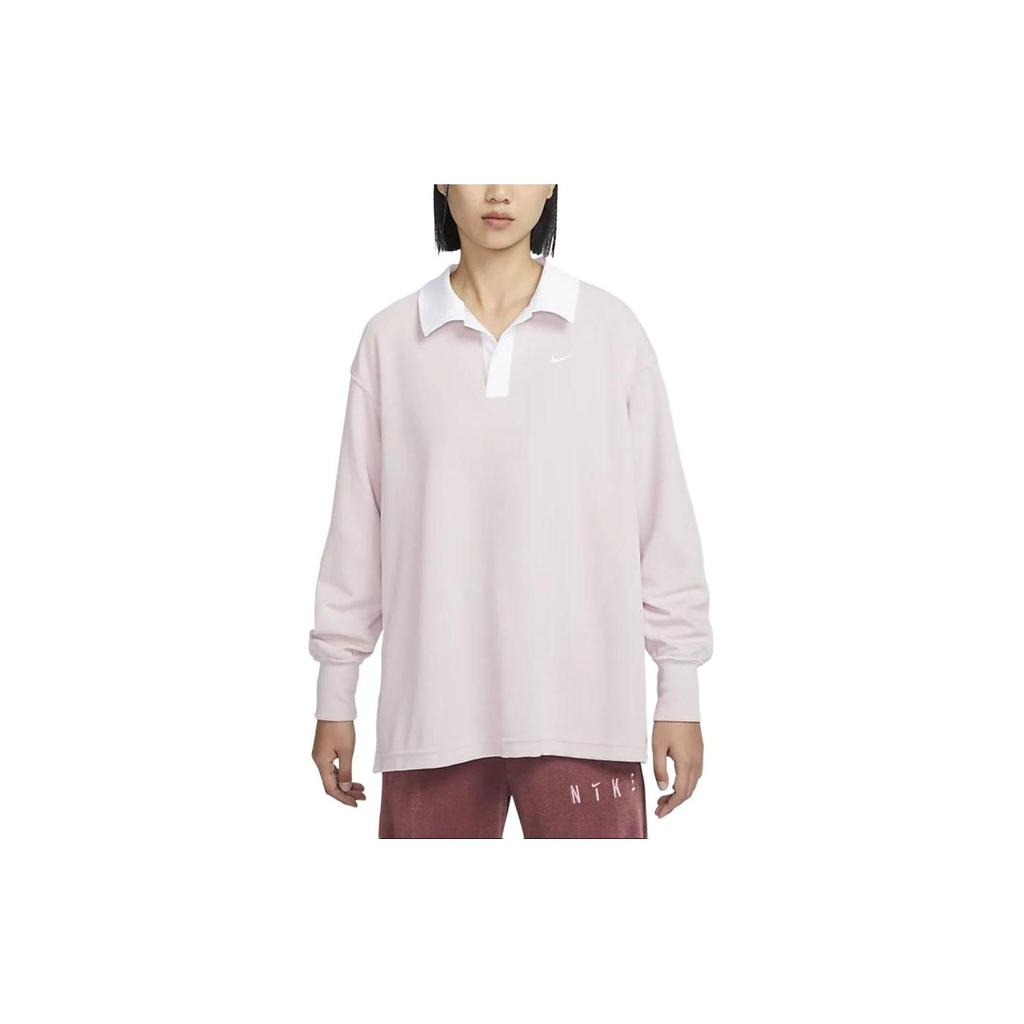 Nike Sportswear Essentials Colorblock Polo Loose Long Sleeve T-Shirt Women Tops Grey Purple FB8721-019