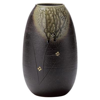 Shigaraki Ware Hechimon Flower Vase, Large, Vertical, Green Glaze, Small Jujube Flower Design, Ceramic, MR-1-2575