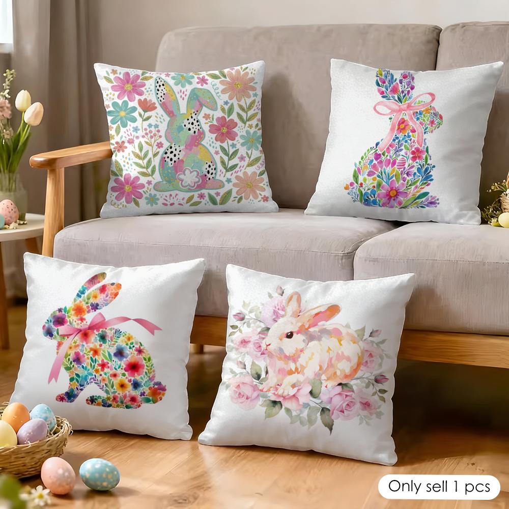 Cute Easter Bunny Cushion Cover Soft Plush Fabric DoubleSided Printed Cushion Covers for All Seasons Modern Home Decor
