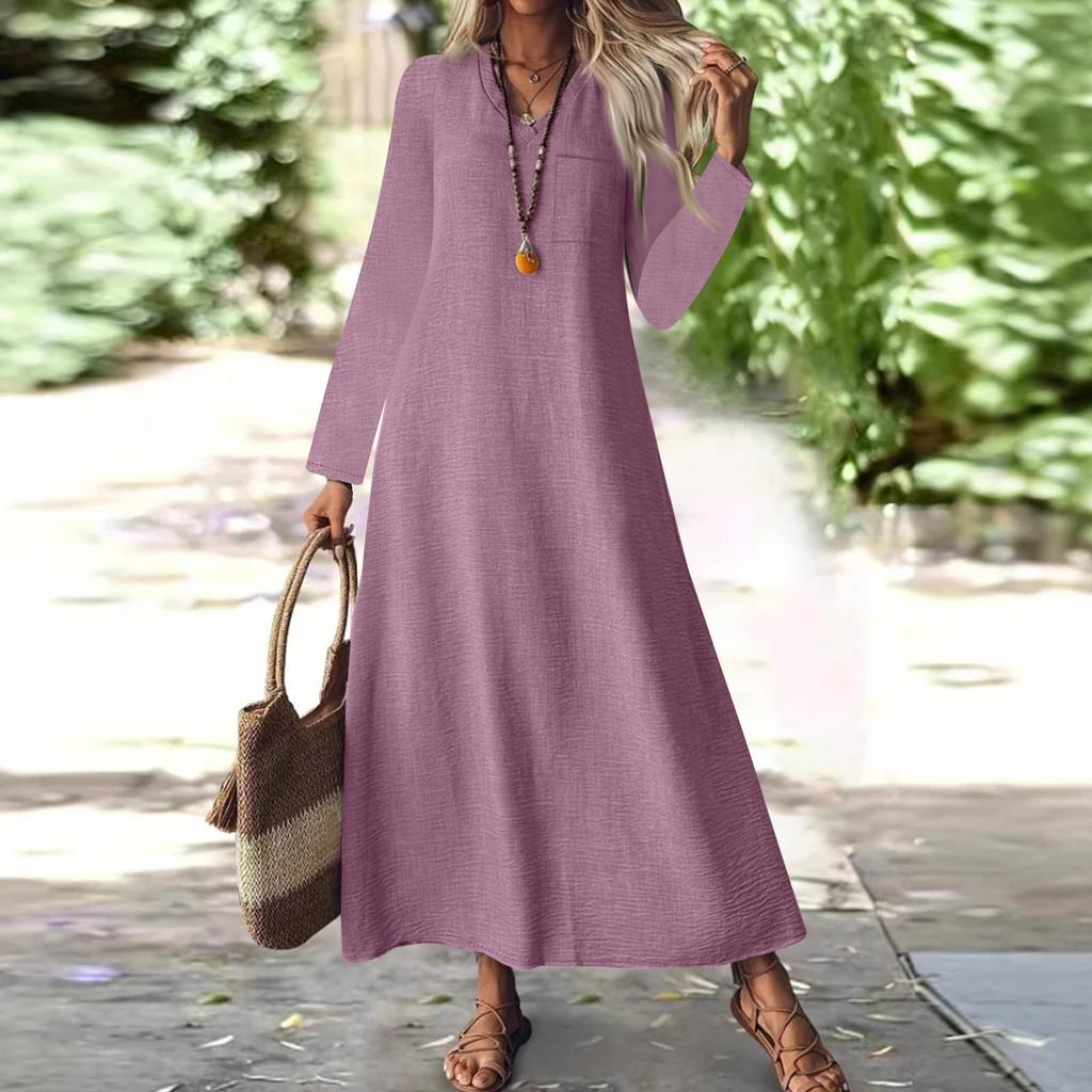 Women's Fashion V-Neck Long Sleeve Pocket Solid Color Zipper Casual Vacation Long Cotton Linen Dresses