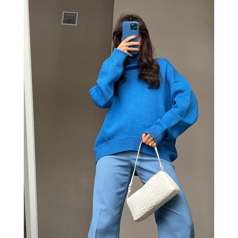 Women Trendy Oversized Solid Color Knitted Sweater Long Sleeve Vintage Casual Jumpers Turtleneck Pullover