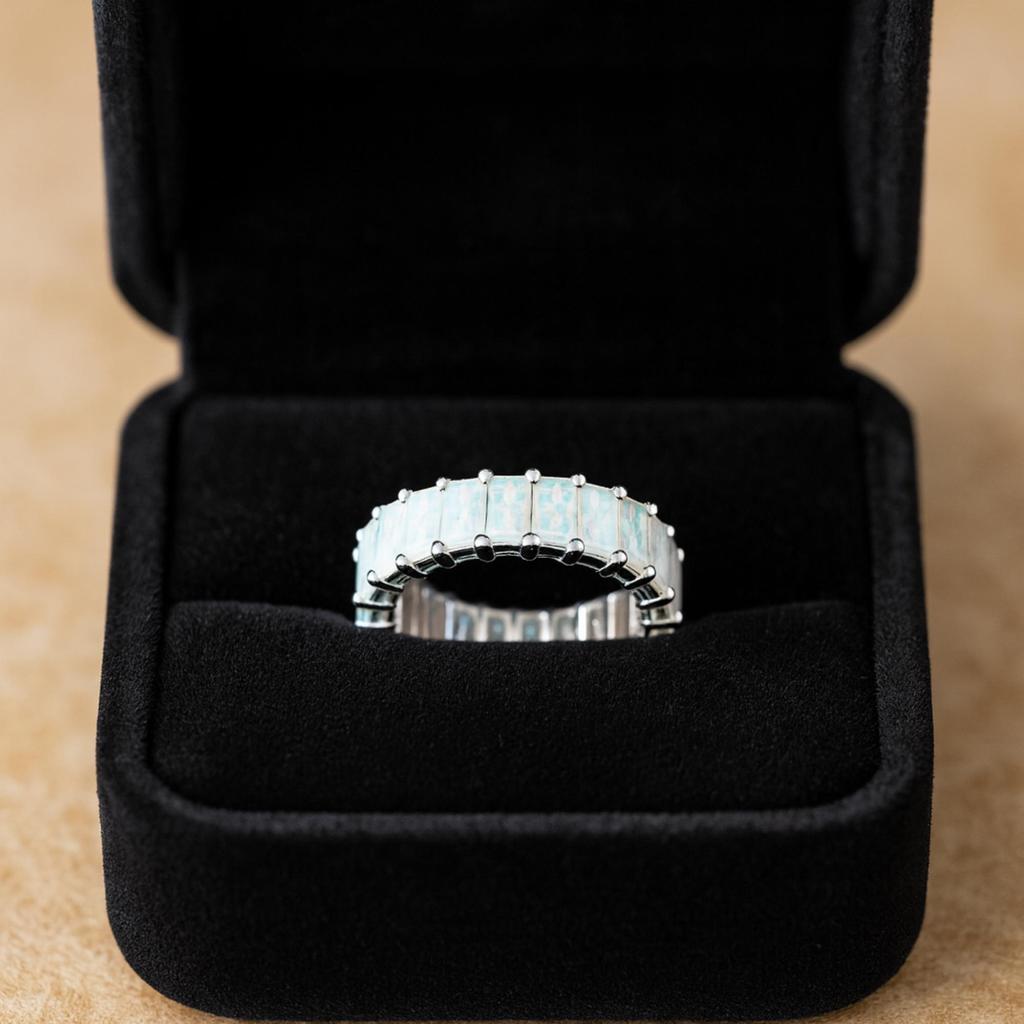Baguette Opal Eternity Band Ring for Women – 925 Sterling Silver Stackable Wedding Anniversary Ring Jewelry Gift