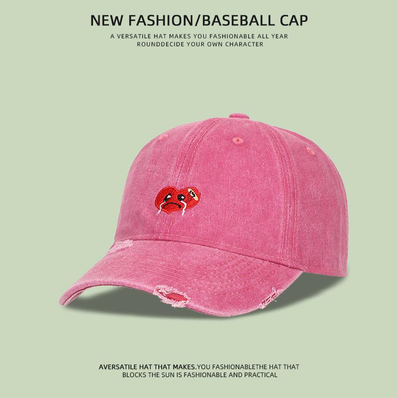 

Versatile wide brim show face small denim baseball cap children retro washed old hole shading sun protection cap men Adjustable рожевий червоний колір